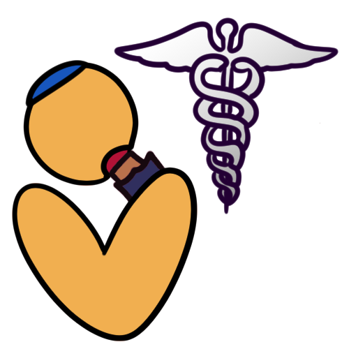 a simple depiction of a person, wearing a blue kippah, eating a nutrient bar. across from them is a silver caduceus (medical symbol).